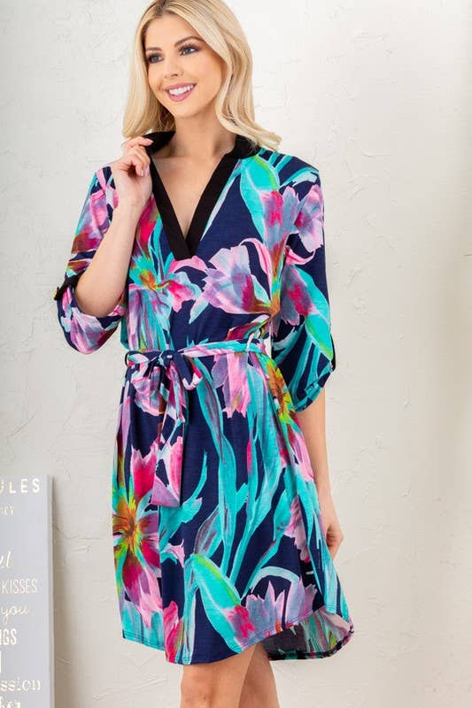 **PLUS SIZE** MANDARIN COLLAR MULTI COLOR FLORAL DRESS