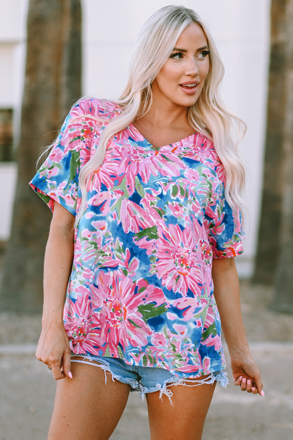 Pink Floral Print Loose Fit V-Neck T Shirt