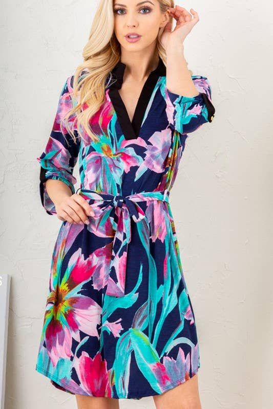 **PLUS SIZE** MANDARIN COLLAR MULTI COLOR FLORAL DRESS