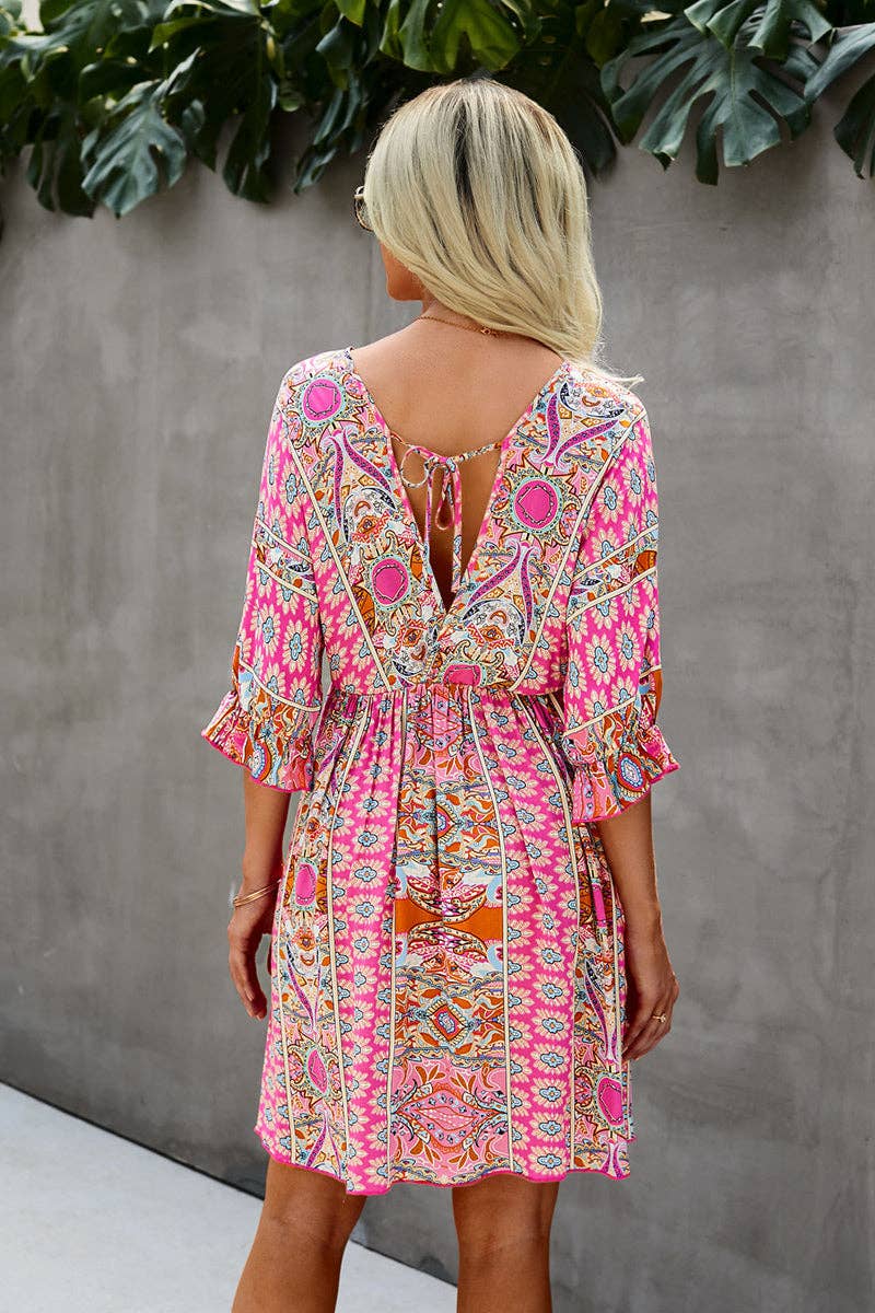 Boho Print Wrap Neck Tie Back Dress