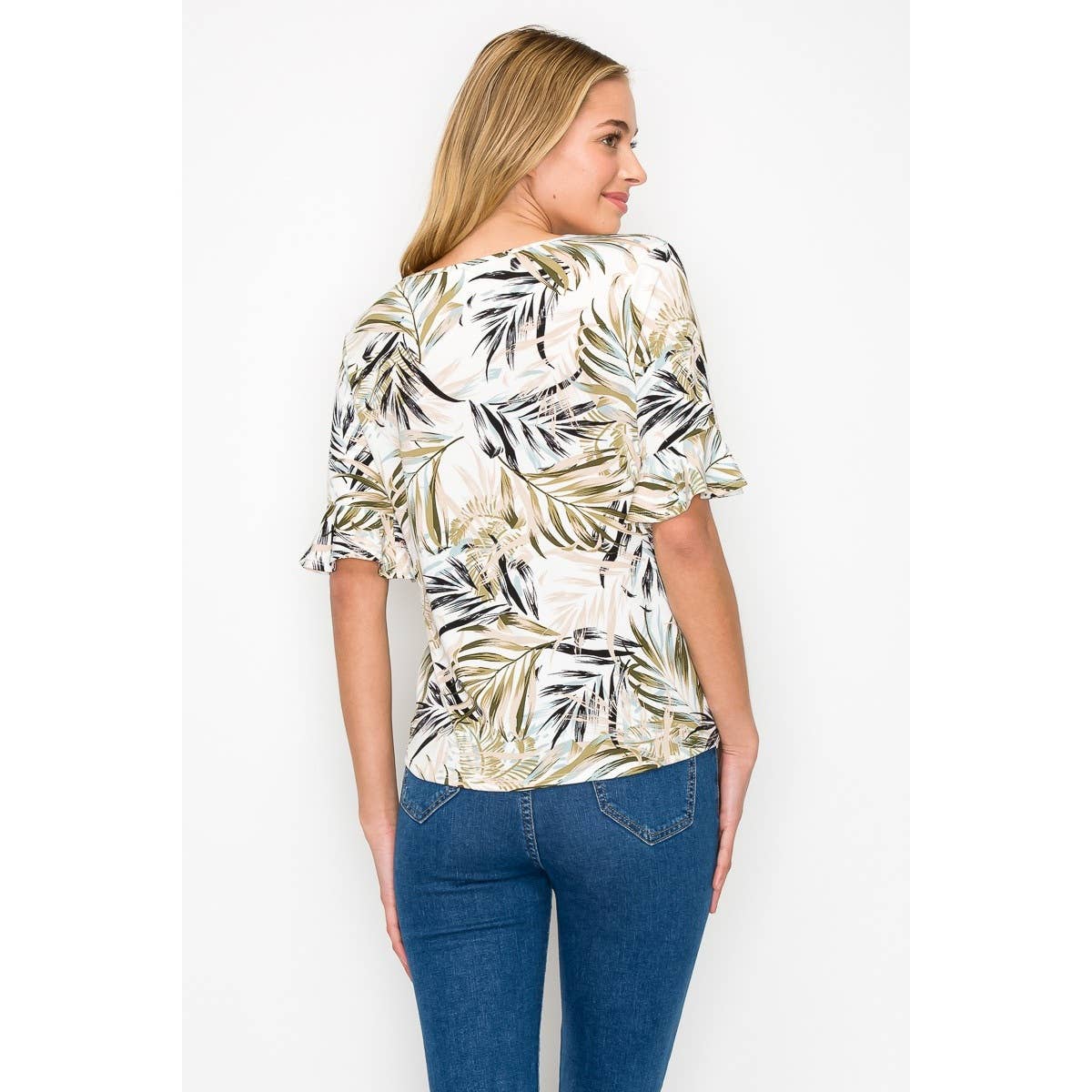 Ruffle Sleeve Tie Front Tropical Leaf Printed Blouse