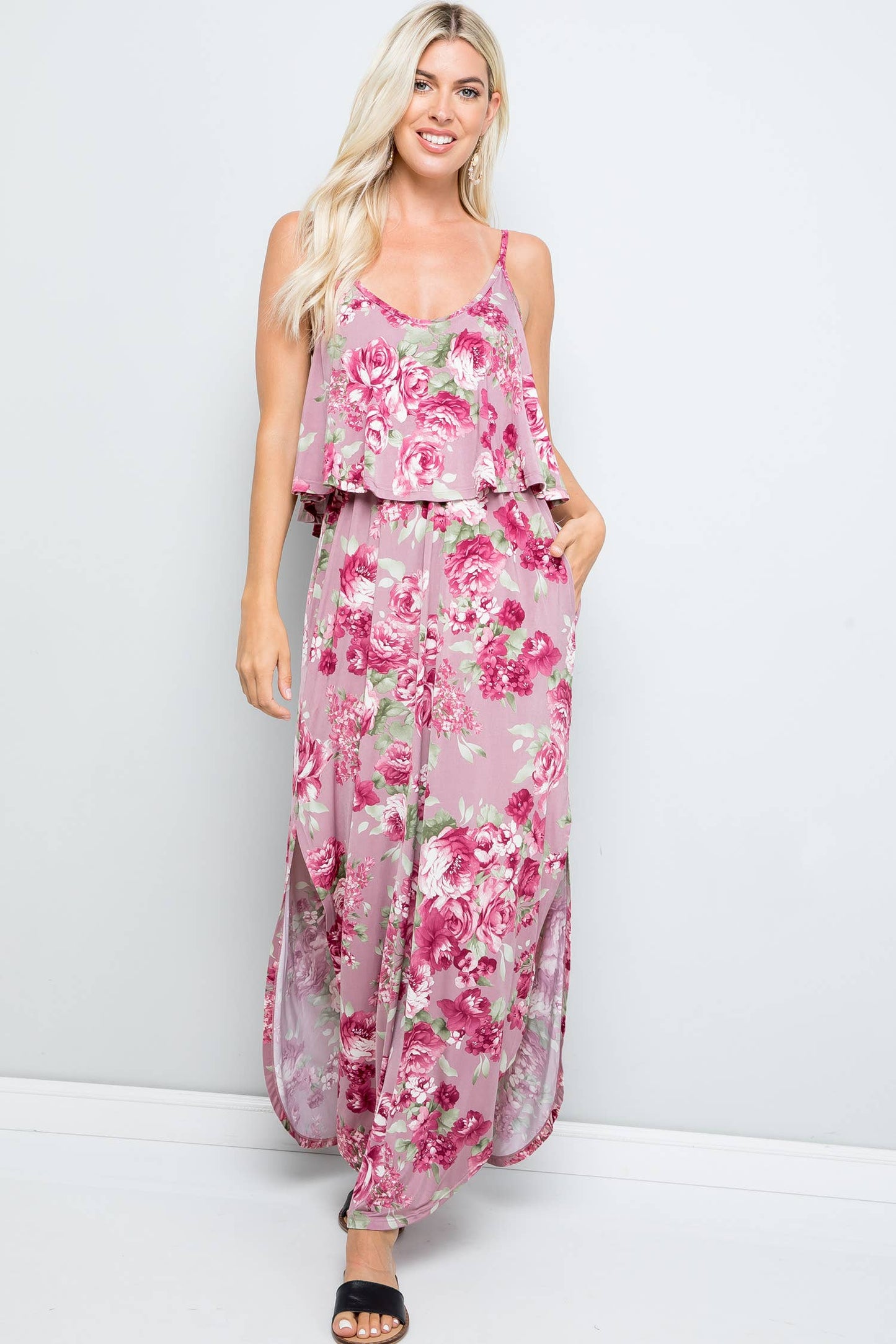 Mauve Floral Print Casual Ruffle Maxi Dress