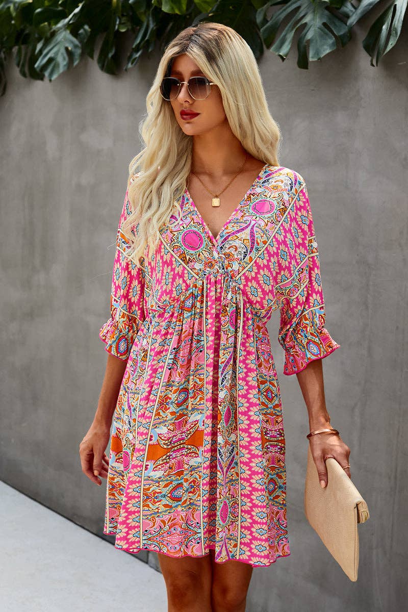 Boho Print Wrap Neck Tie Back Dress