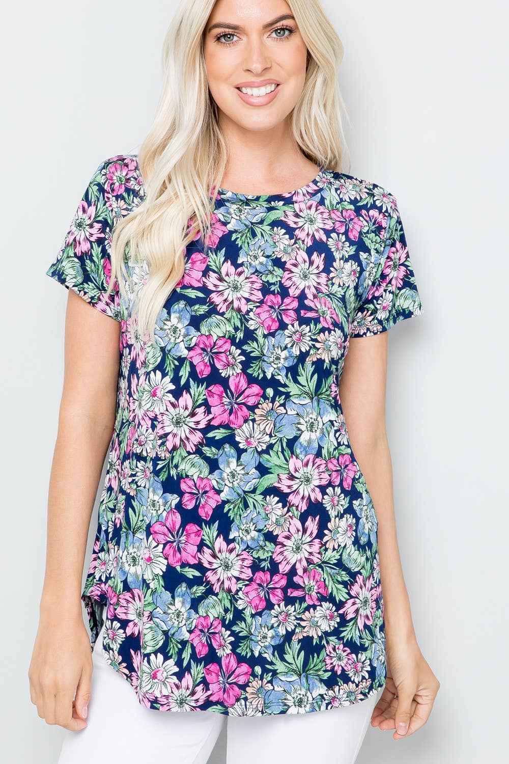 Fun Floral Print Round Neckline Short Sleeve Top