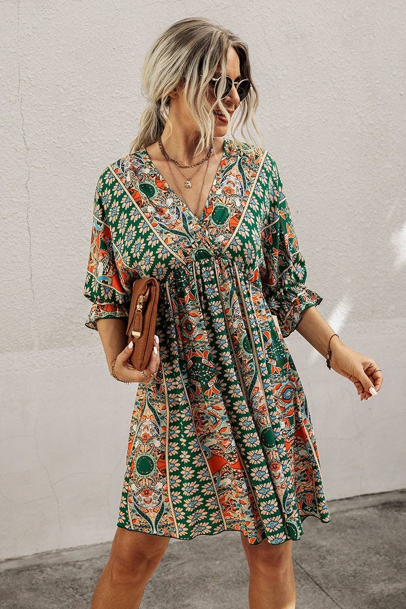 Boho Print Wrap Neck Tie Back Dress