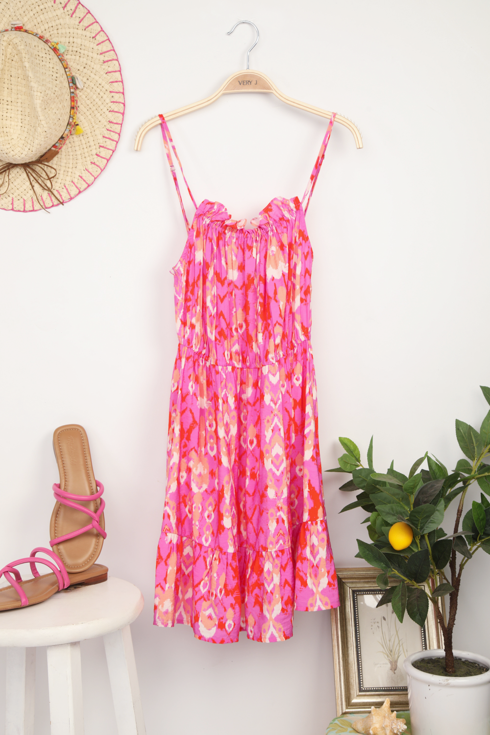 Hot Pink Print Ruffle Hem Mini Dress