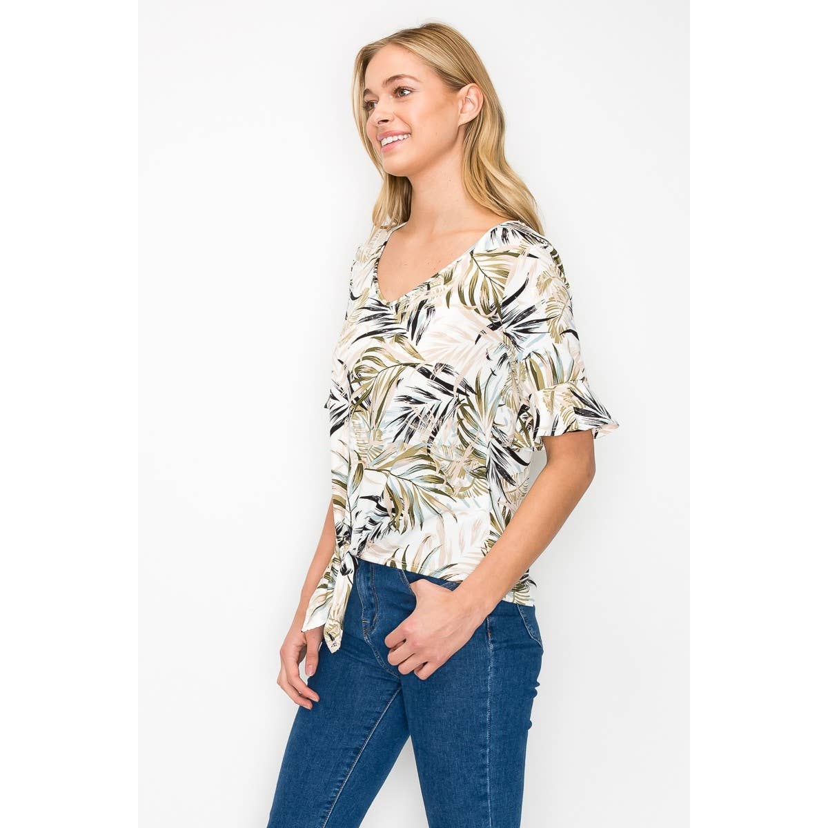 Ruffle Sleeve Tie Front Tropical Leaf Printed Blouse