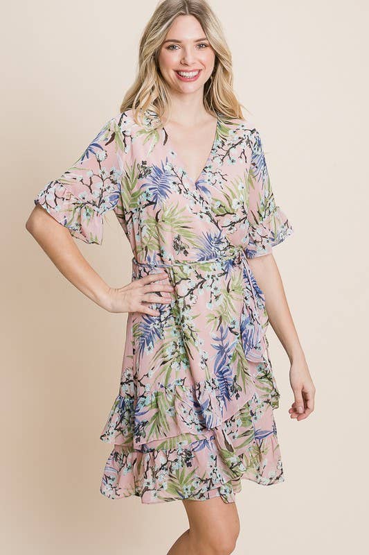 Chiffon Ruffle Hem Floral Wrap Dress