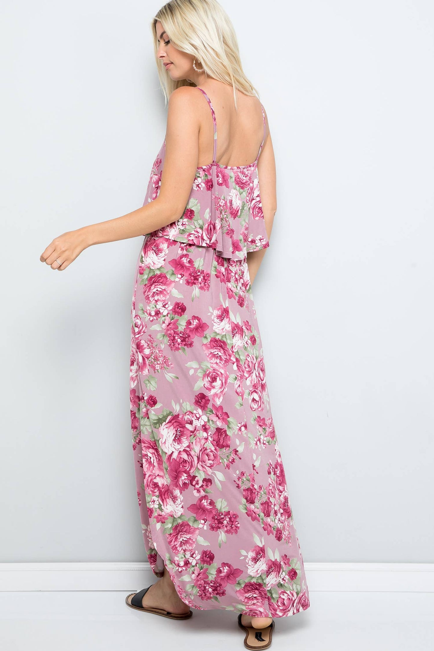 Mauve Floral Print Casual Ruffle Maxi Dress