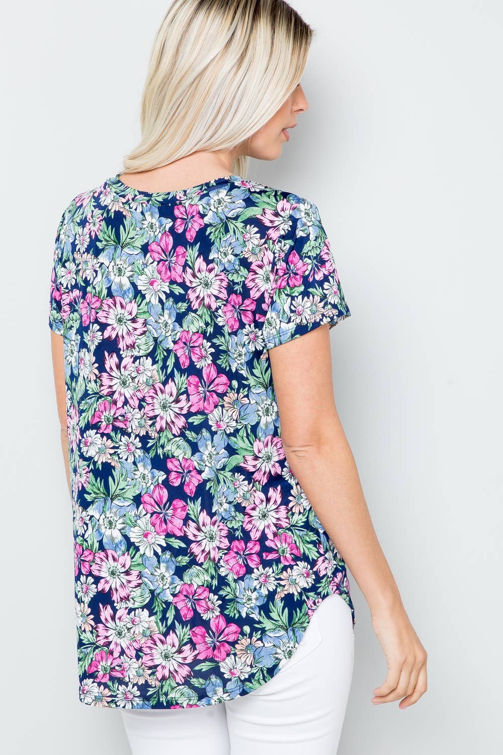 Fun Floral Print Round Neckline Short Sleeve Top