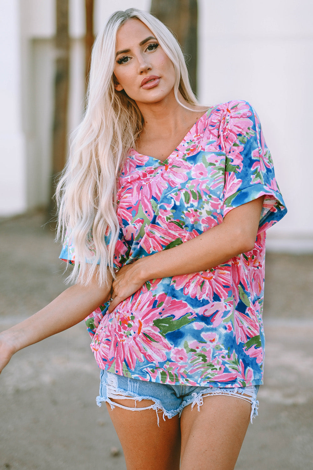 Pink Floral Print Loose Fit V-Neck T Shirt