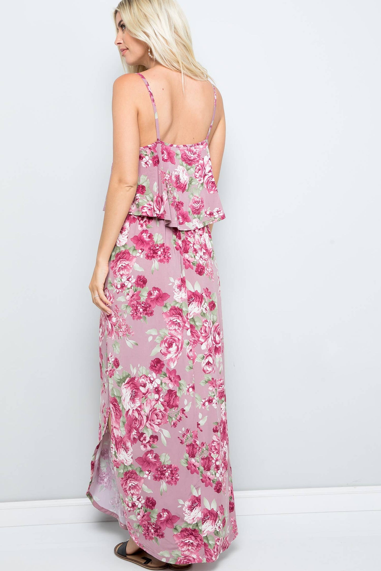 Mauve Floral Print Casual Ruffle Maxi Dress