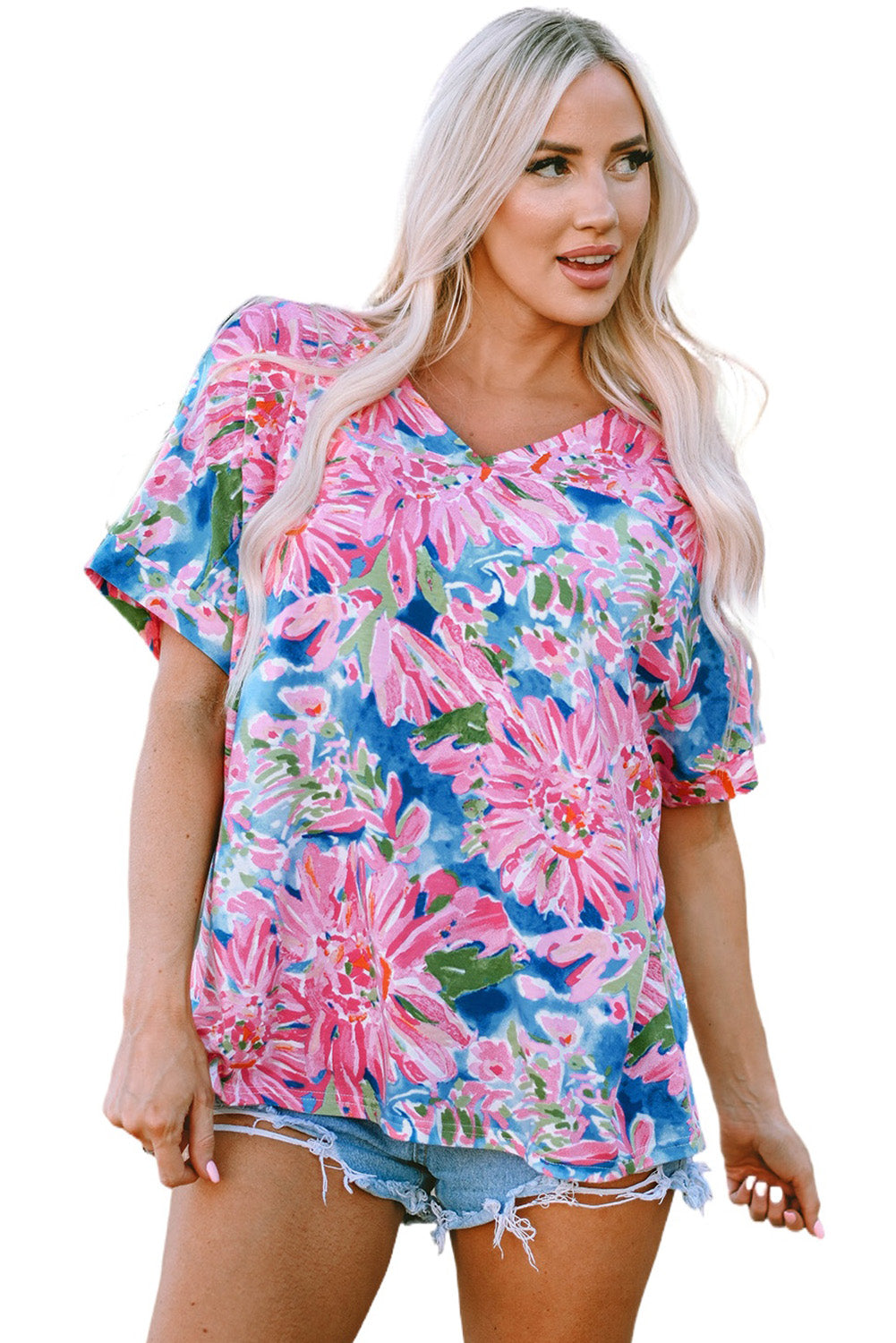 Pink Floral Print Loose Fit V-Neck T Shirt