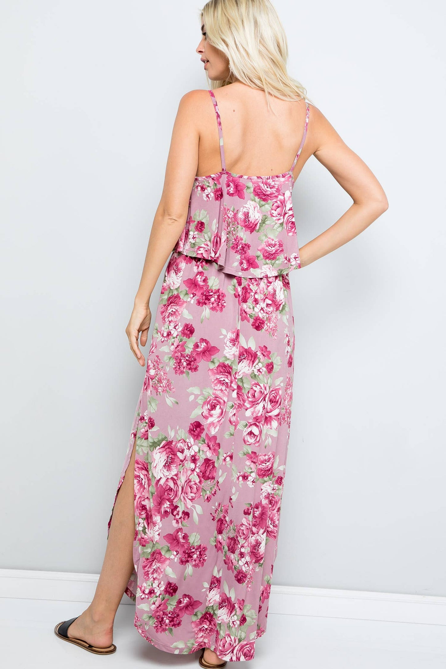 Mauve Floral Print Casual Ruffle Maxi Dress