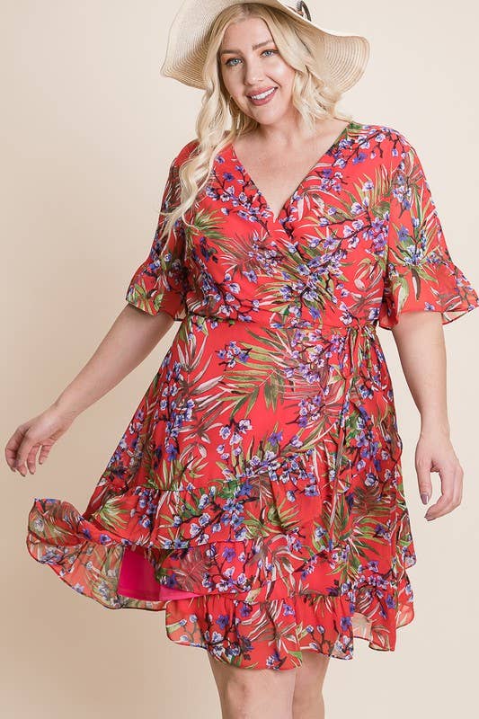 Chiffon Ruffle Hem Floral Wrap Dress