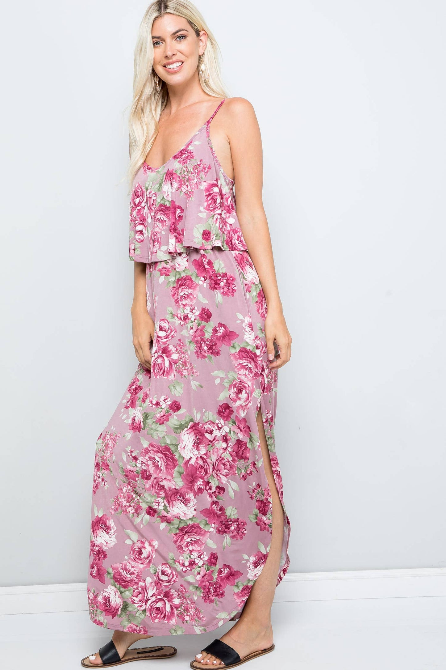 Mauve Floral Print Casual Ruffle Maxi Dress
