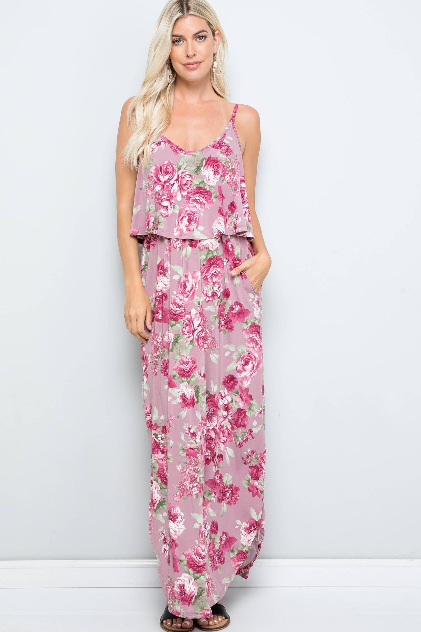 Mauve Floral Print Casual Ruffle Maxi Dress
