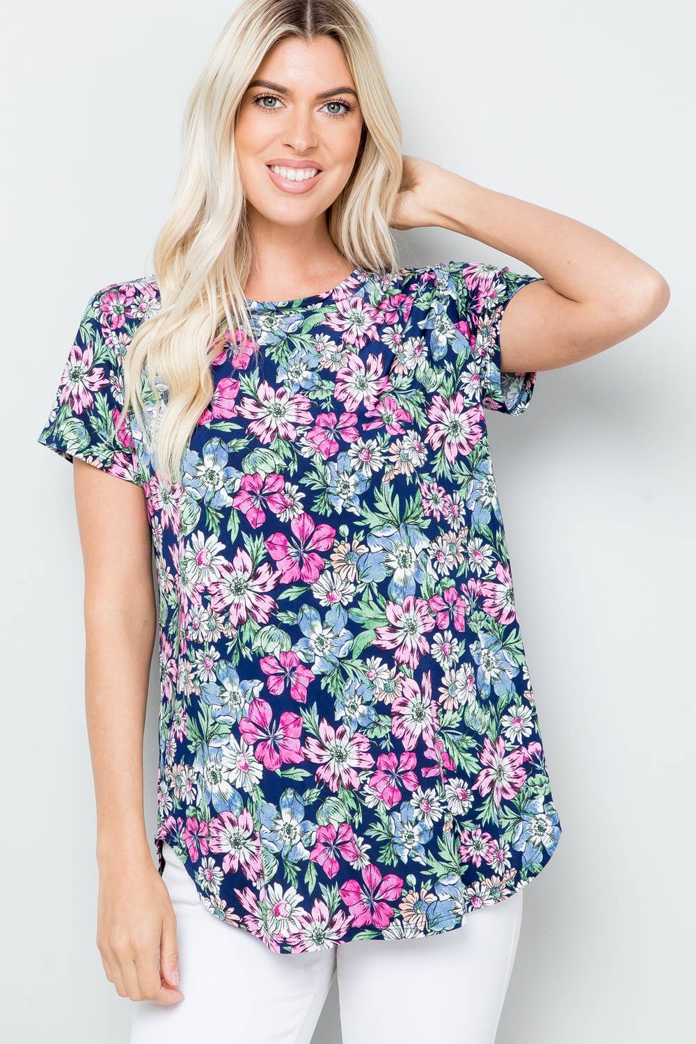 Fun Floral Print Round Neckline Short Sleeve Top