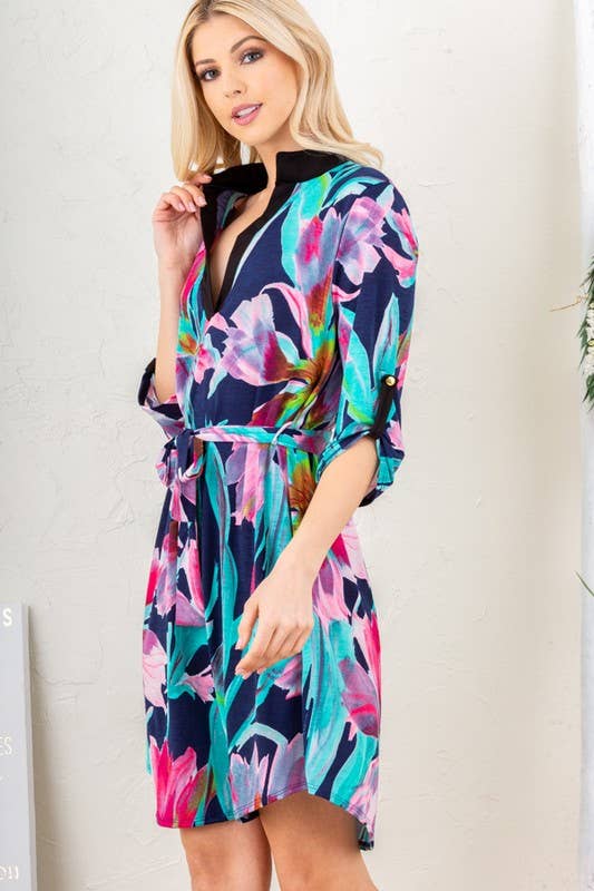 **PLUS SIZE** MANDARIN COLLAR MULTI COLOR FLORAL DRESS