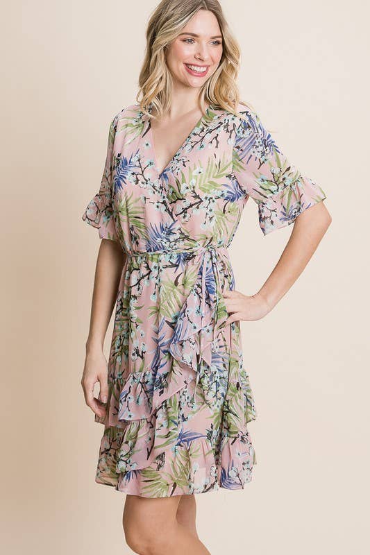 Chiffon Ruffle Hem Floral Wrap Dress