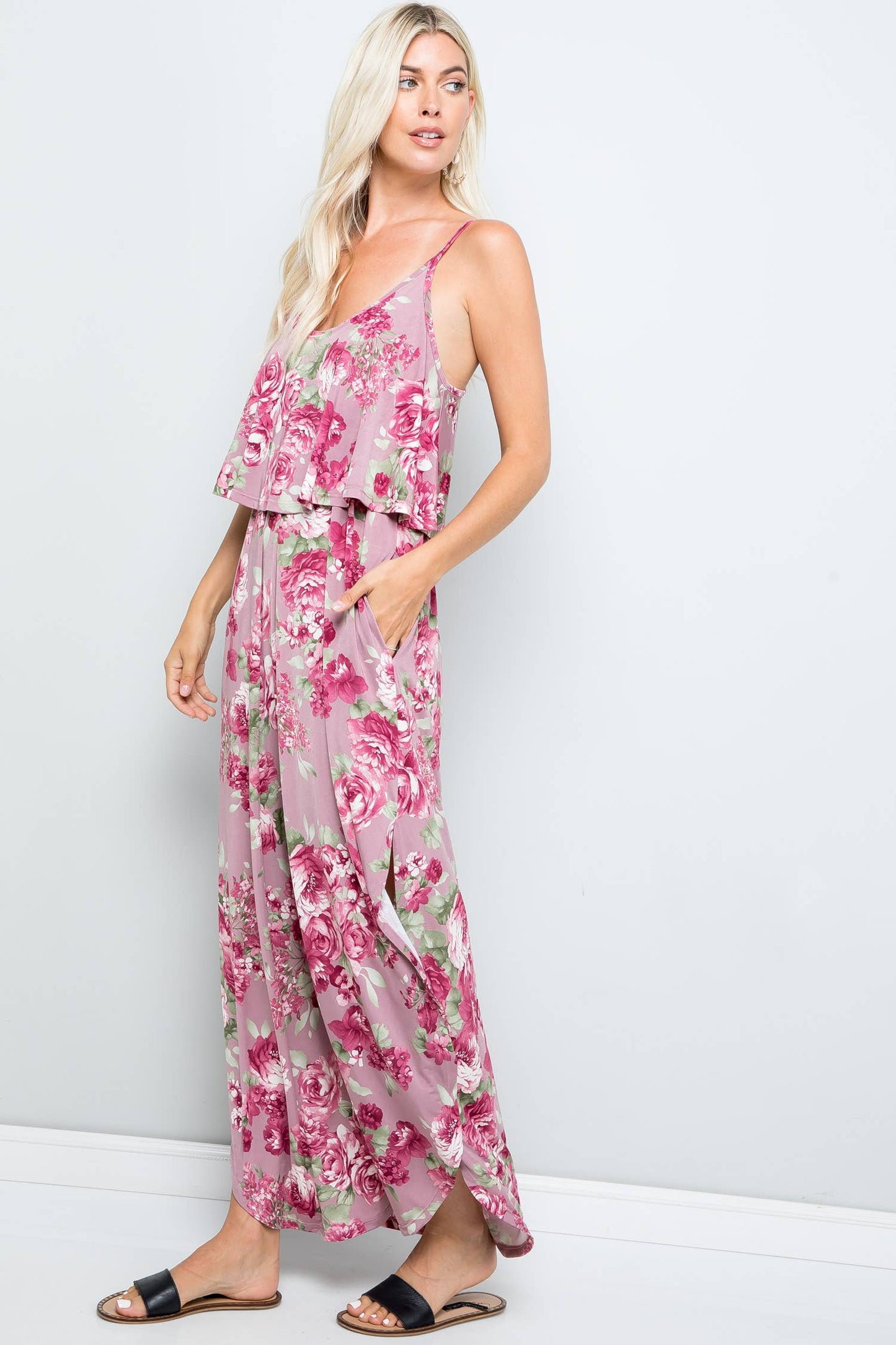 Mauve Floral Print Casual Ruffle Maxi Dress
