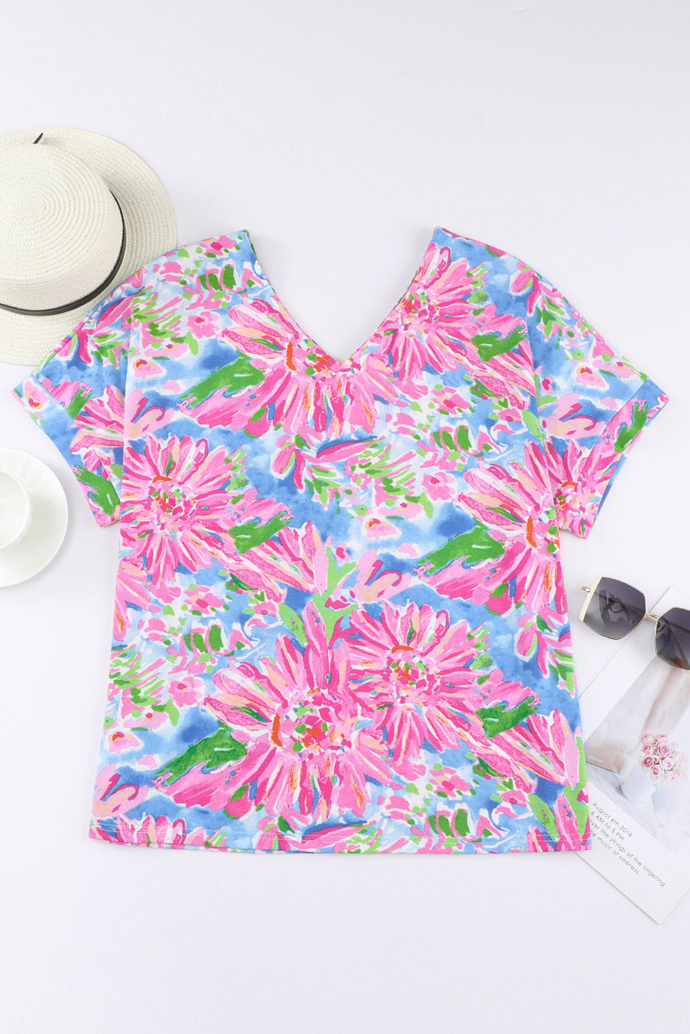 Pink Floral Print Loose Fit V-Neck T Shirt