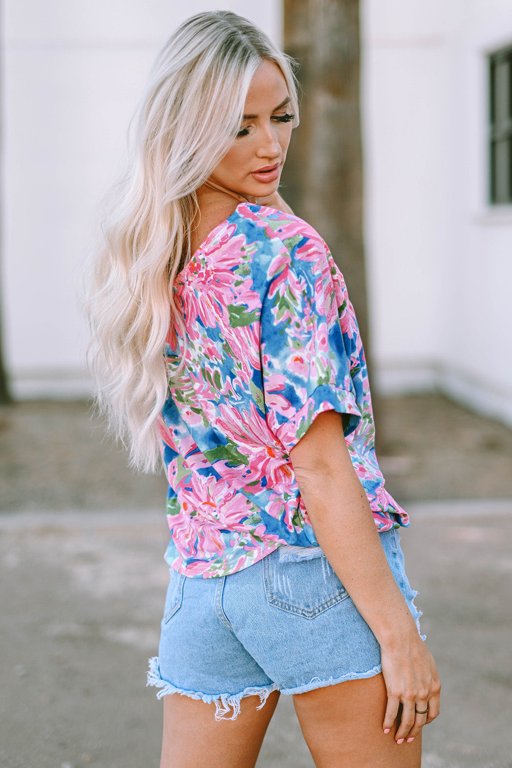 Pink Floral Print Loose Fit V-Neck T Shirt