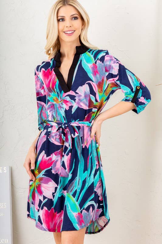 **PLUS SIZE** MANDARIN COLLAR MULTI COLOR FLORAL DRESS
