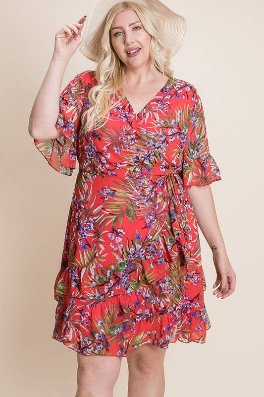 Chiffon Ruffle Hem Floral Wrap Dress