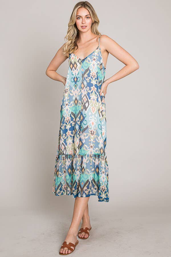 Sleeveless Ruffle Hem Tie Back Printed Woven Maxi Dress