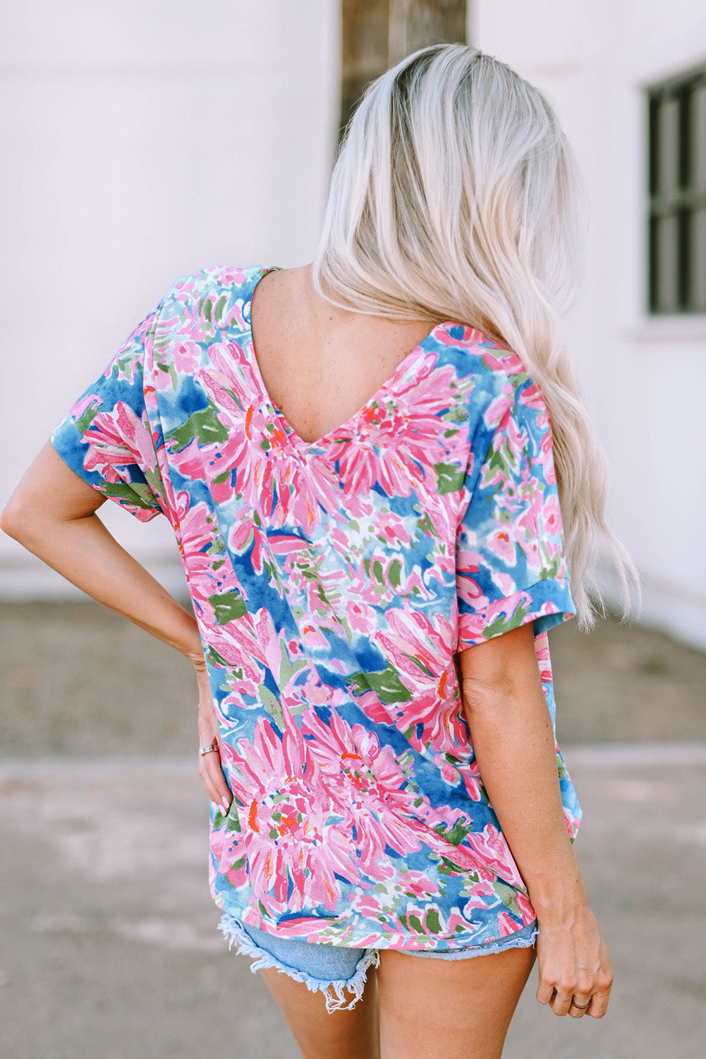 Pink Floral Print Loose Fit V-Neck T Shirt