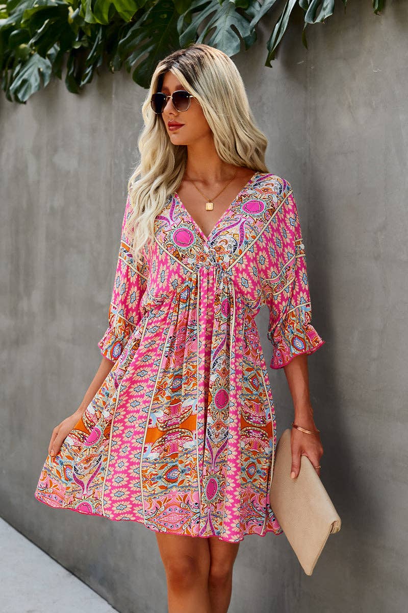 Boho Print Wrap Neck Tie Back Dress
