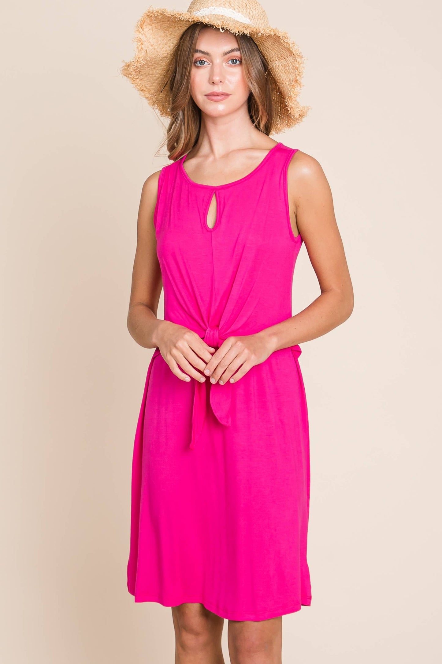 Hot Pink Tie Front Jersey Dress