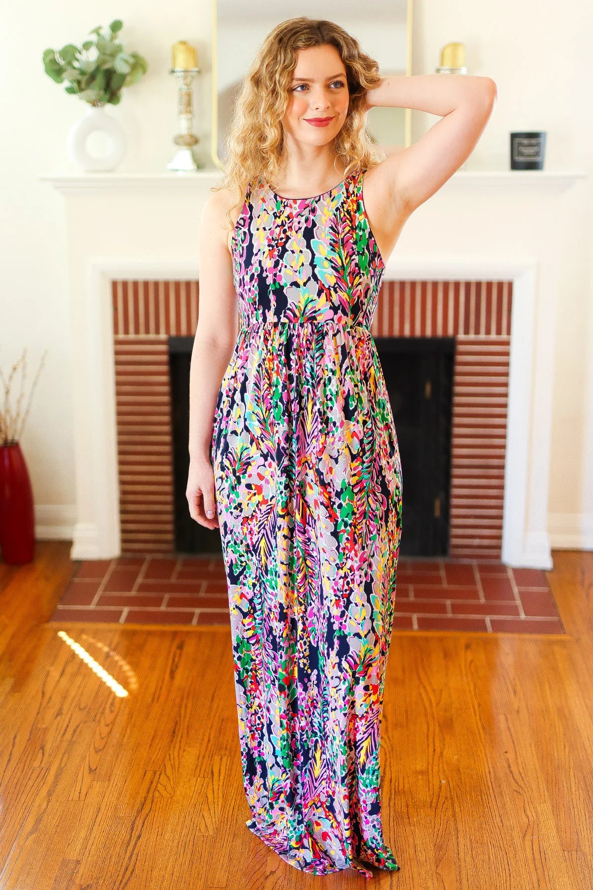 NAVY BLUE VIBRANT PRINT POCKETED MAXI DRESS