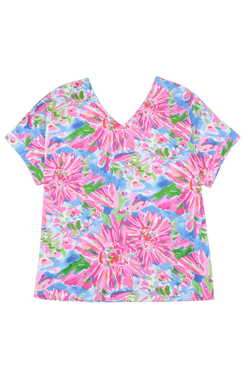 Pink Floral Print Loose Fit V-Neck T Shirt