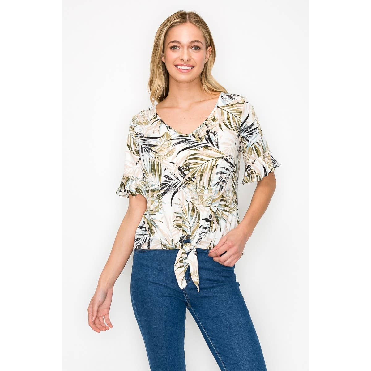 Ruffle Sleeve Tie Front Tropical Leaf Printed Blouse