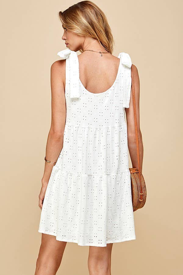EYELET TIERED MINI DRESS WITH RIBBON TIE