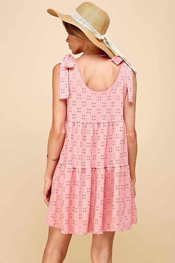 CORAL EYELET TIERED MINI DRESS WITH RIBBON TIE