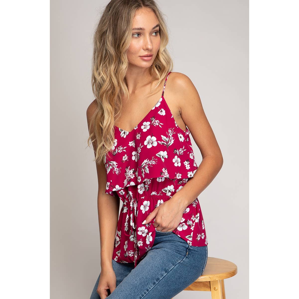Raspberry Ruffle Top With Elasticized Drawstring Waist