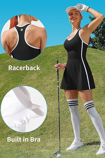 Bra V Neck Racerback Tennis Dresses with Shorts