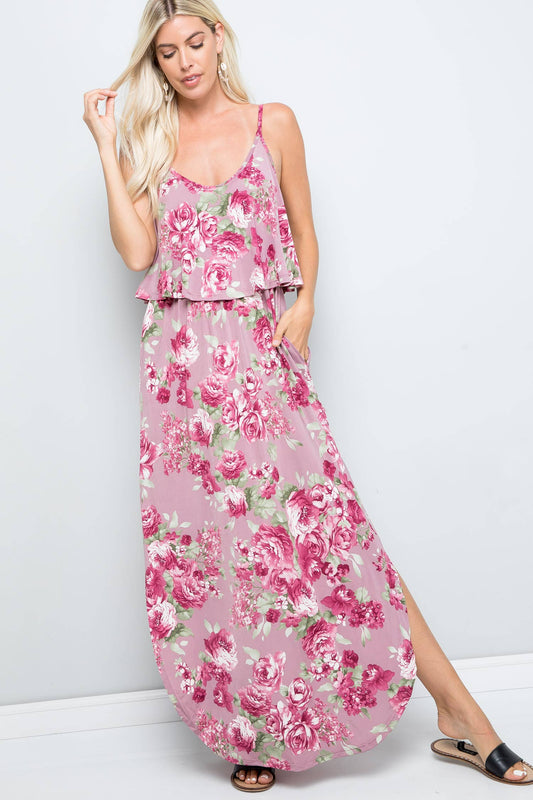 Mauve Floral Print Casual Ruffle Maxi Dress