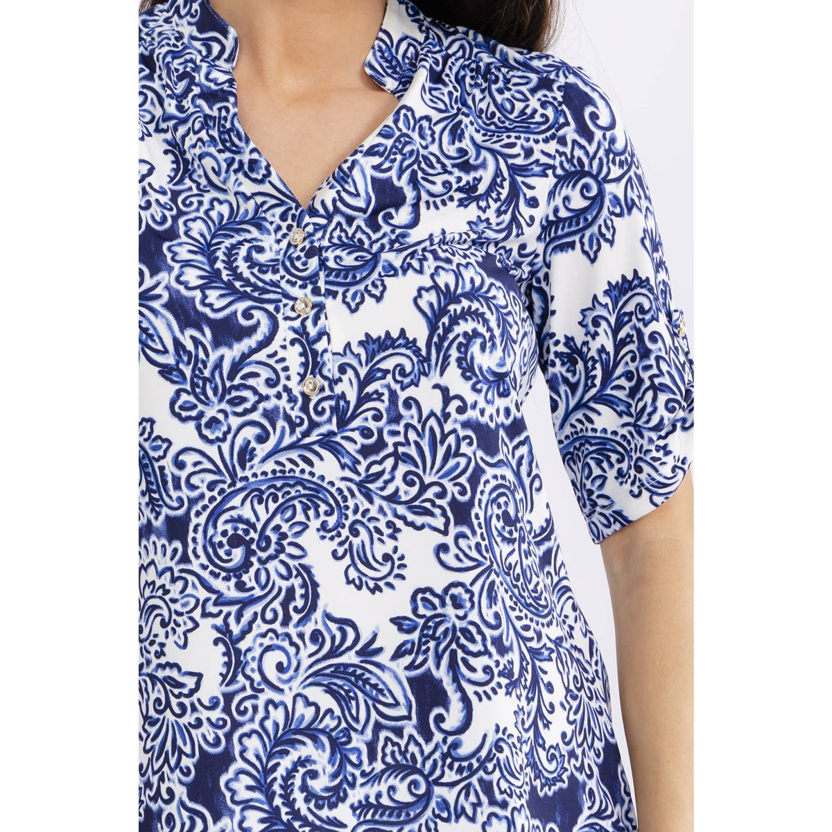 Navy Blue & White Paisley Print Blouse