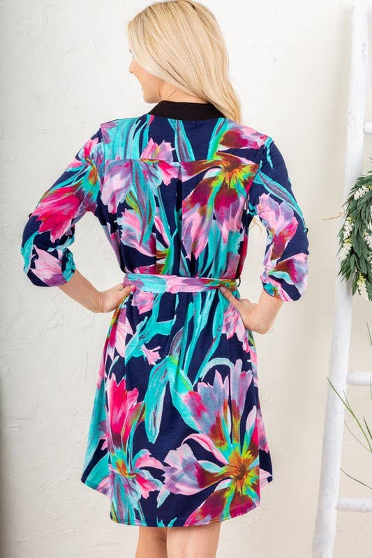 **PLUS SIZE** MANDARIN COLLAR MULTI COLOR FLORAL DRESS