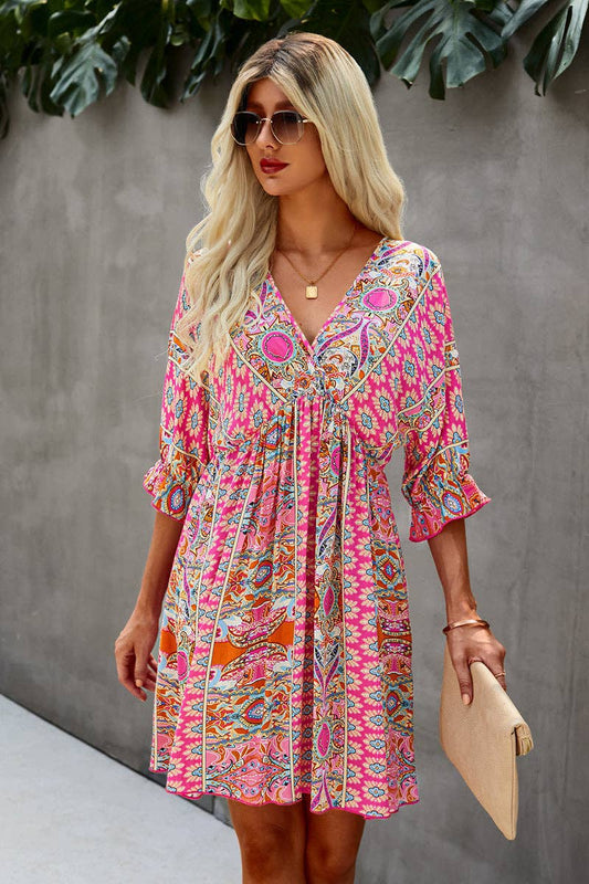 Boho Print Wrap Neck Tie Back Dress