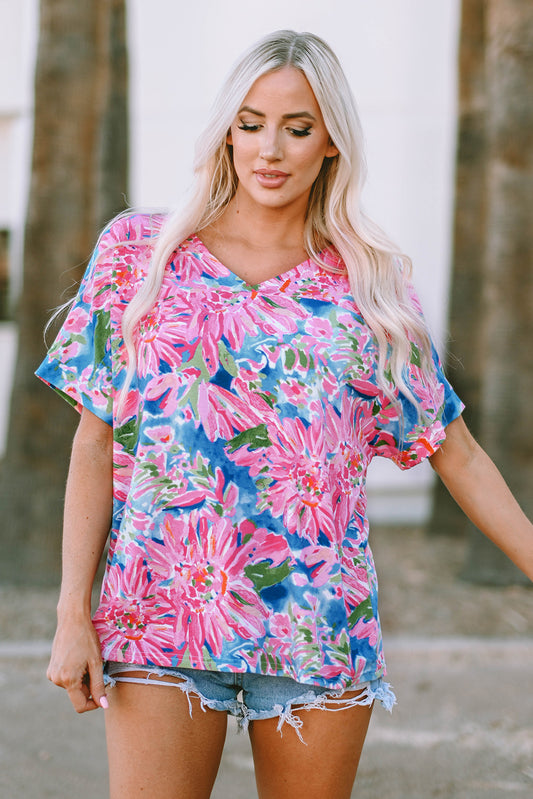 Pink Floral Print Loose Fit V-Neck T Shirt