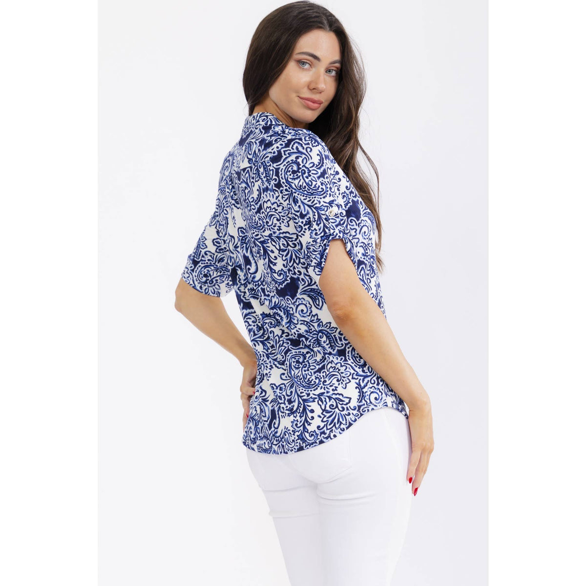 Navy Blue & White Paisley Print Blouse