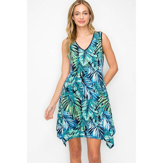 Tropical Leaf Printed Criss Cross Back Detail Sleeveless Dress