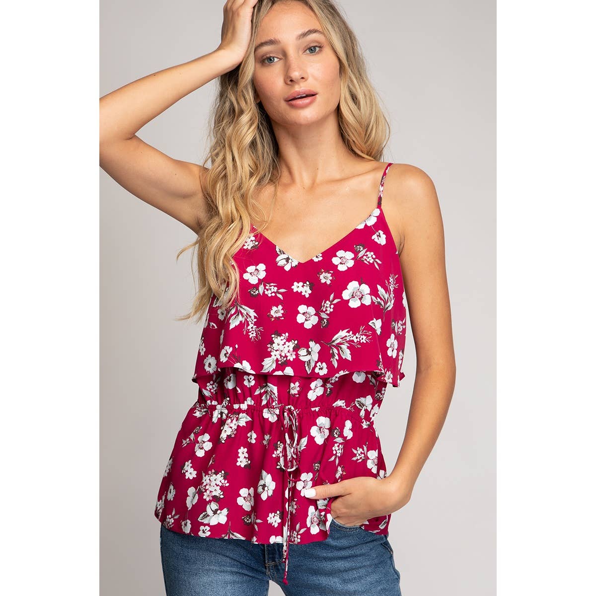 Raspberry Ruffle Top With Elasticized Drawstring Waist
