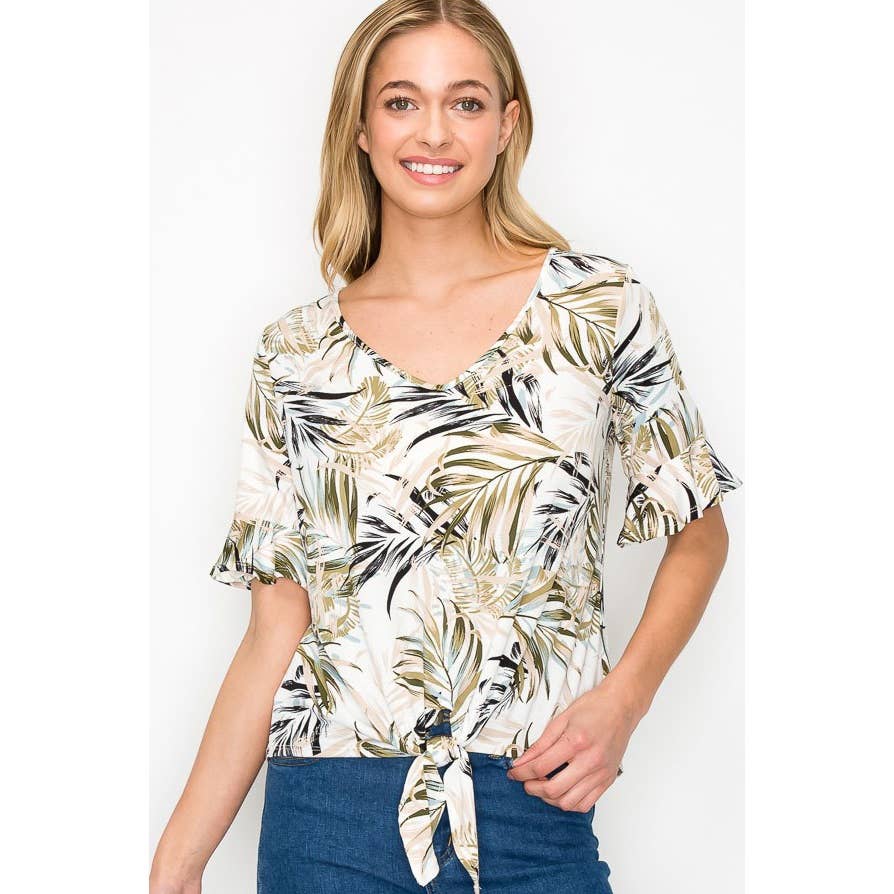 Ruffle Sleeve Tie Front Tropical Leaf Printed Blouse