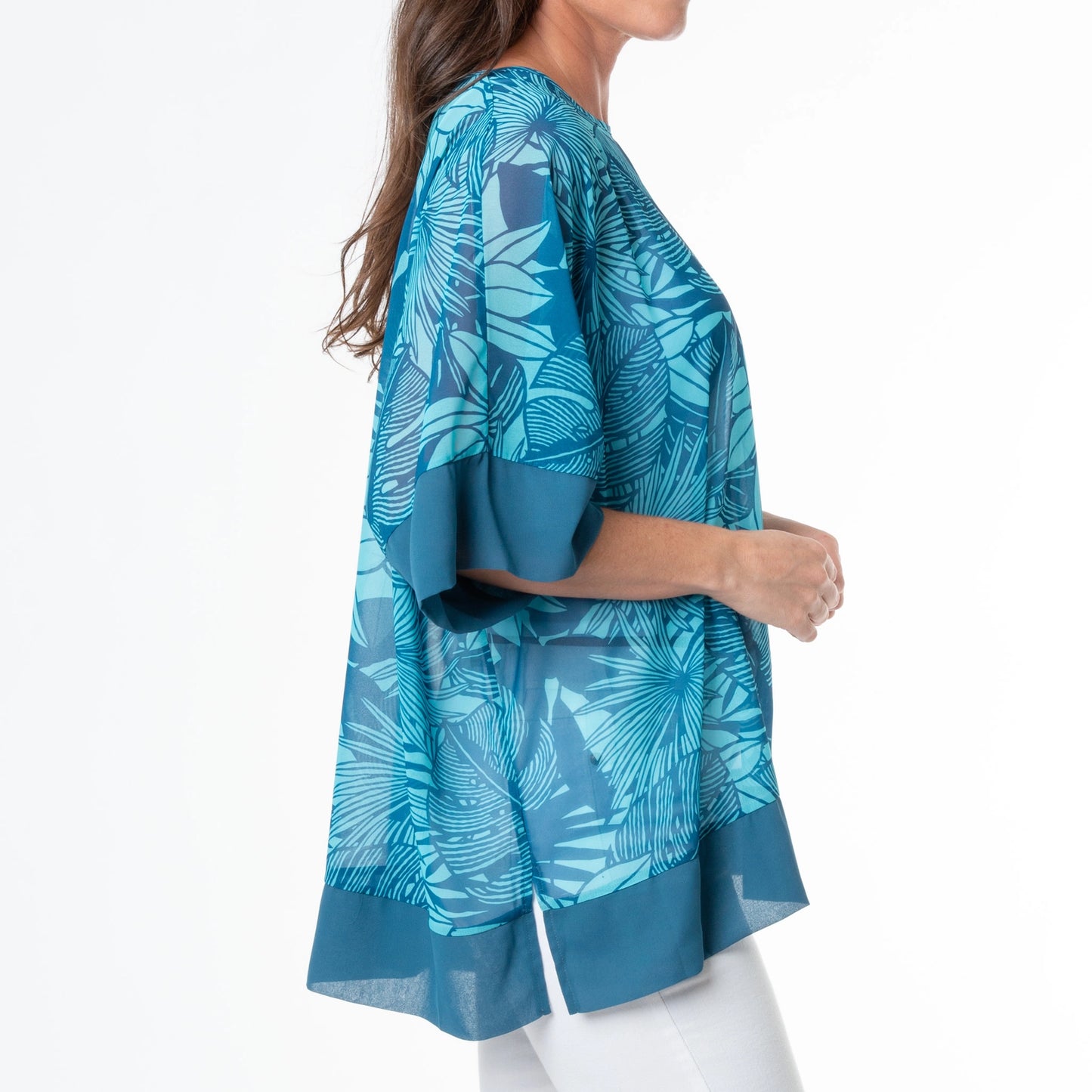 Lexi - Tropical Blue Palm Sheer Tunic Blouse